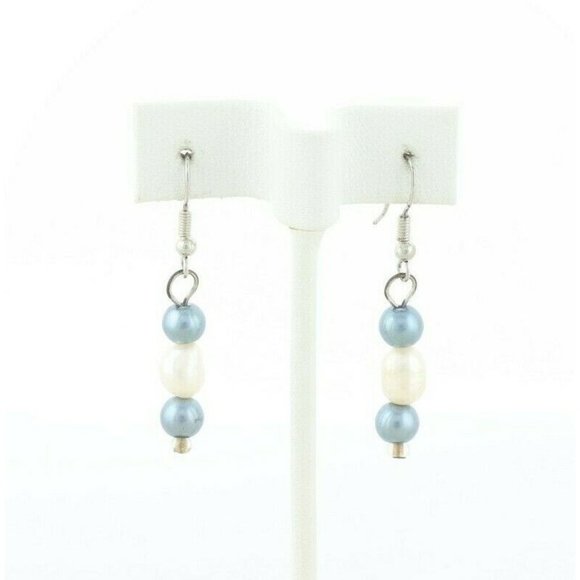 Sterling Silver White and Black Pearl Earrings Dangle Drop Earrings - Picture 6 of 7